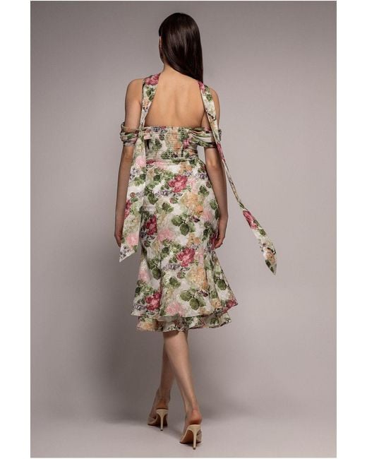 Goddiva Black Cowl Neck Floral Print Jacquard Chiffon Tiered Midi Dress