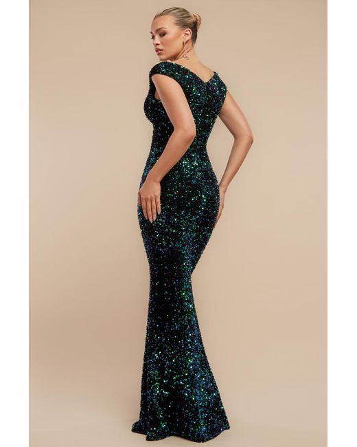 Goddiva Black Multi Sequin & Velvet Bardot Maxi