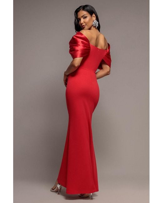 Goddiva Red Satin Plunge Neck Bardot Scuba Maxi Dress