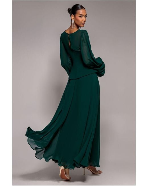 Goddiva Green Bishop Sleeve Peplum Top Scuba Crepe And Chiffon Maxi Dress