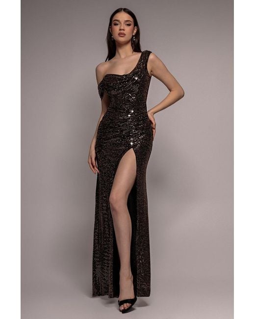 Goddiva Brown Cowl Neck Sequin Glitter Draped Maxi Dress