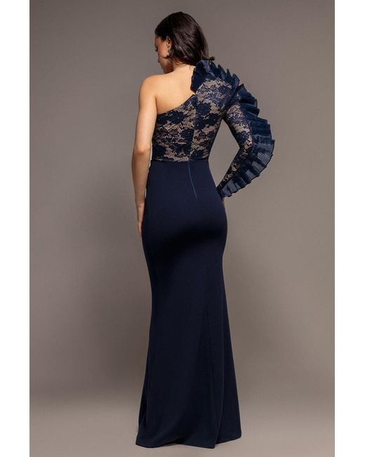 Goddiva Blue One Shoulder Organza Fan Detail Lace Bodice Maxi Dress