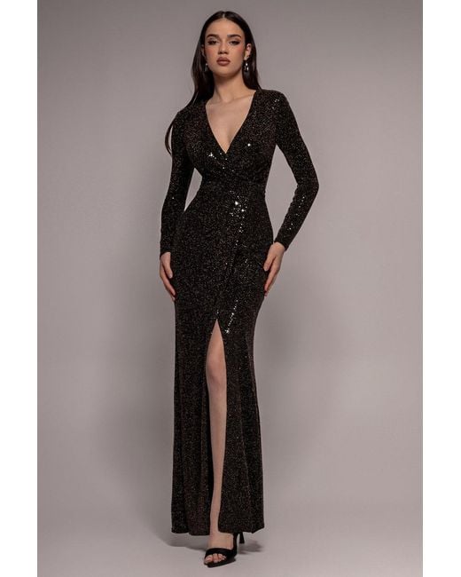 Goddiva Black Sequin Glitter Lurex Long Sleeve Wrap Maxi Dress