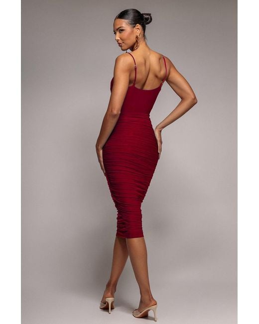 Goddiva Red Cut Out Ruched Midi With Drawstring