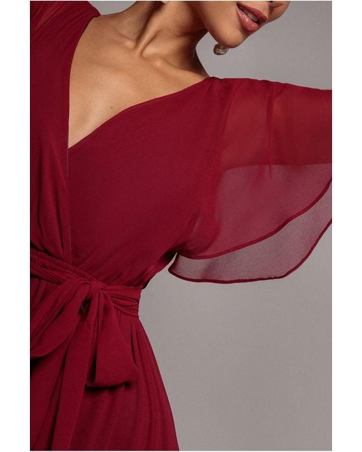 Goddiva Red Sustainable Chiffon Flutter Sleeve Wrap Maxi Dress