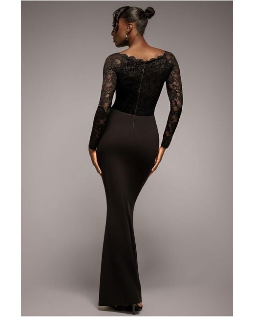 Goddiva Black Scalloped Lace Bodice Long Sleeve Bardot Maxi Dress