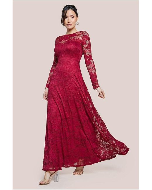 Goddiva Red Scalloped Lace A-Line Maxi Dress