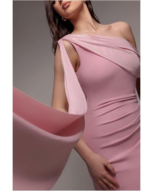 Goddiva Pink Lurex Pleated Bardot One Shoulder Cape Maxi Dress