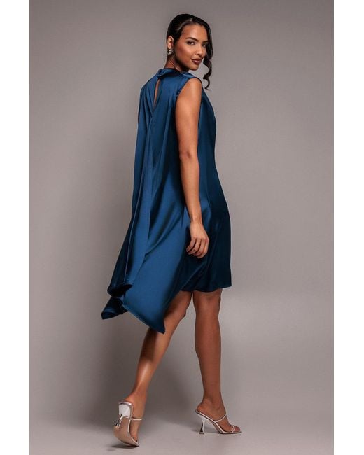 Goddiva Blue Cowl Neck Back Wing Satin High Low Midi Dress