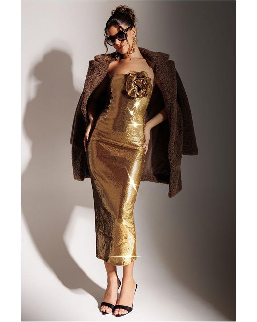 Goddiva Metallic Liquid Sequin Boobtube Midaxi With Corsage