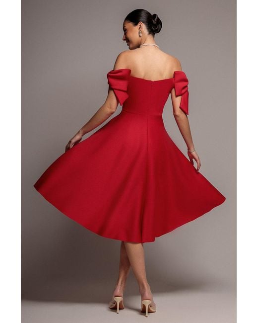 Goddiva Red Bardot Plunge Neck Bow Sleeve A Line Midi Dress