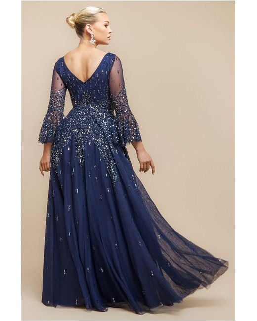 Goddiva Blue Sunray Hand Embellished Sequin A-Line Bell Sleeve Maxi Dress