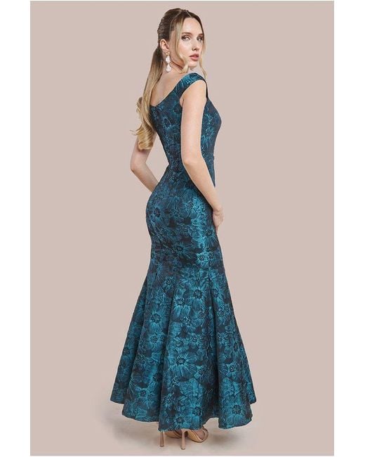 Goddiva Blue Bardot Jacquard Maxi Dress