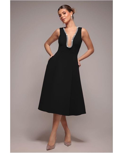 Goddiva Blue Diamante Embellished Neck A-Line Midi Dress