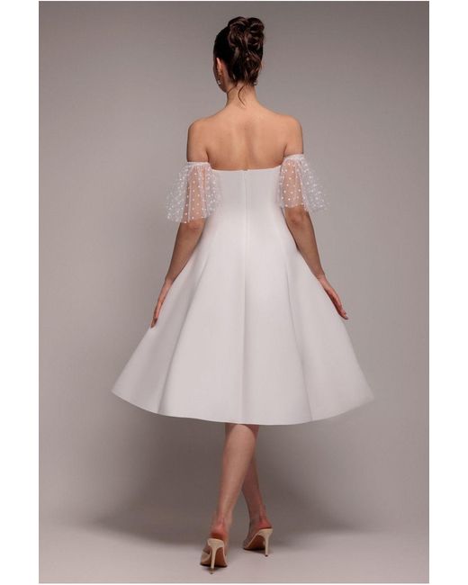 Goddiva White Scuba & Polka Mesh Off The Shoulder Midi Dress