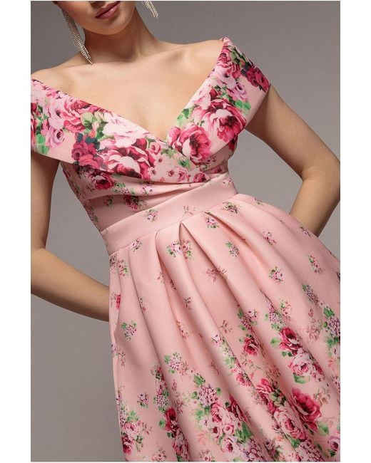 Goddiva Pink Bardot Floral Print A-Line Scuba Foam Midi Dress