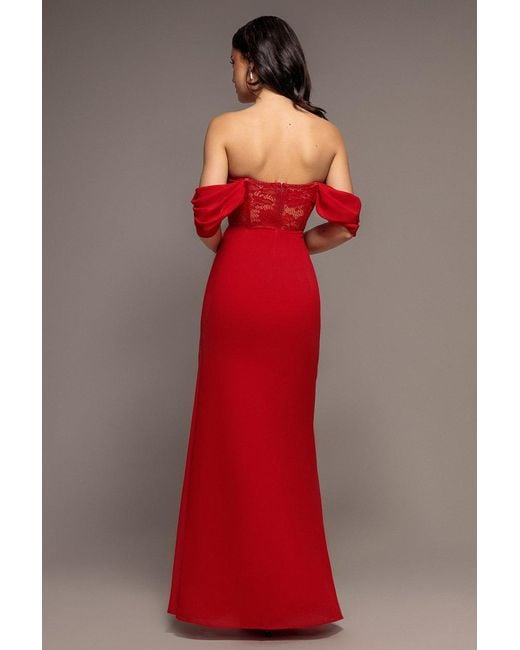 Goddiva Red Scalloped Lace & Chiffon Winged Corset Bodice Maxi Dress
