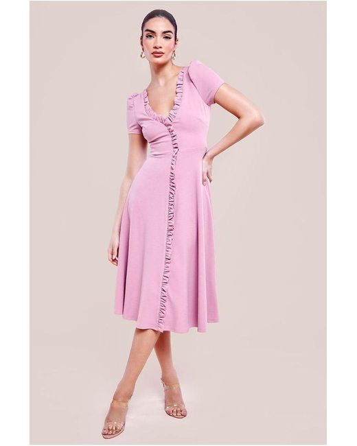 Goddiva Green Front Frill Flared Scuba Midi Dress