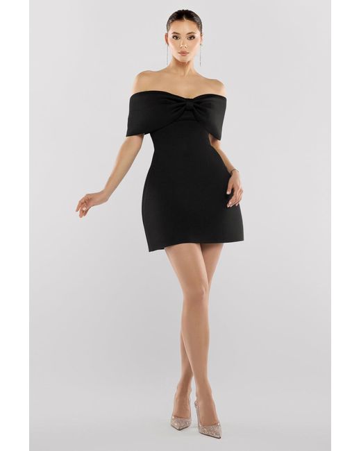 Goddiva Black Front Bow Off The Shoulder Mini Dress