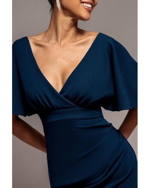 Goddiva Blue Flutter Sleeve Wrap Midi Dress