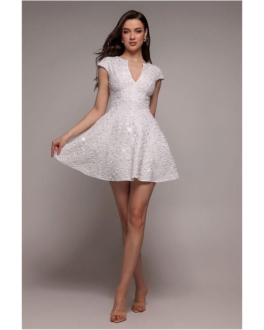 Goddiva White Bead Embellished Jacquard Skater Mini Dress