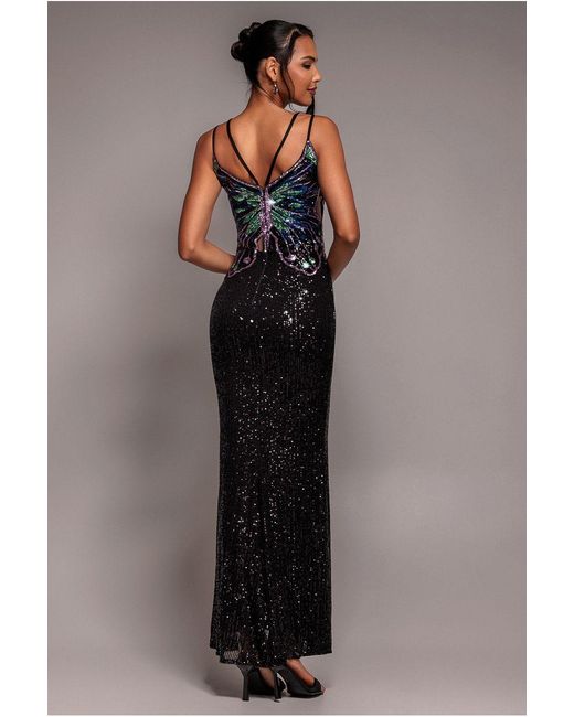 Goddiva Blue Sequin Butterfly Front Split Maxi Dress