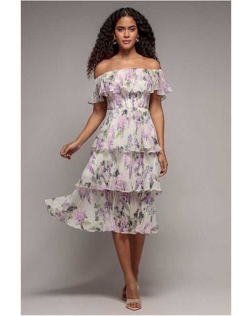 Goddiva Pink Shirred Chiffon Floral Bardot Midi