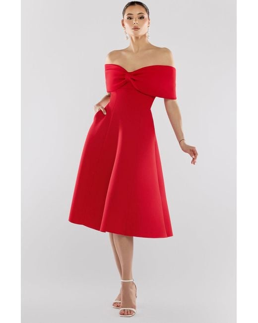 Goddiva Red Bow Off The Shoulder A Line Midi Dress