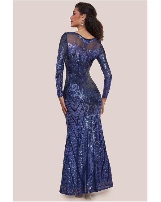 Goddiva Blue Long Sleeve Aztec Sequin Maxi Dress
