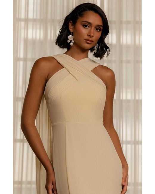 Goddiva Natural Cross Front Scarf Back Chiffon Mermaid Maxi Dress