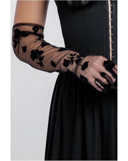 Goddiva Black Embroidered Stretch Mesh Gloves