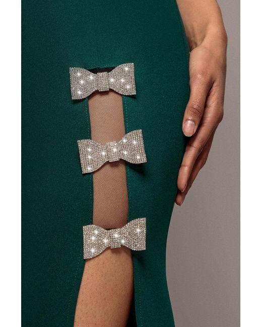 Goddiva Blue Diamante Brooch Thigh Split Mermaid Maxi Dress