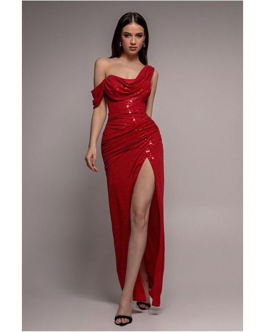 Goddiva Red Cowl Neck Sequin Glitter Draped Maxi Dress
