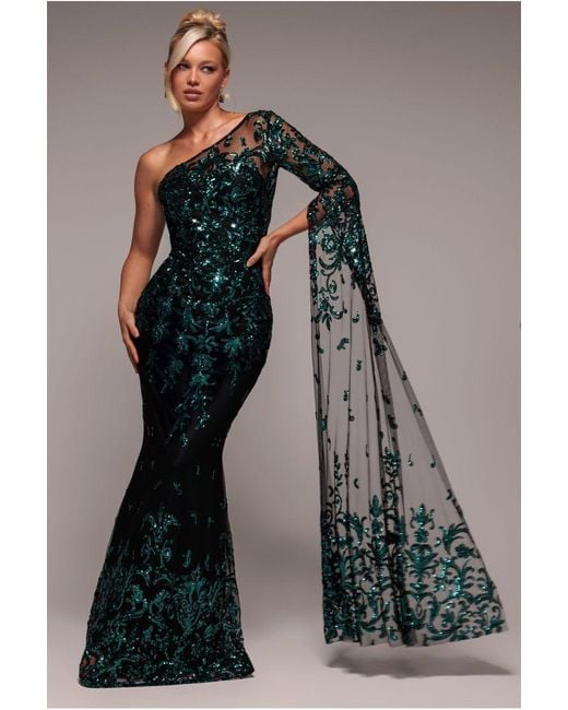 Goddiva Blue Sequin Mesh One Shoulder Evening Maxi