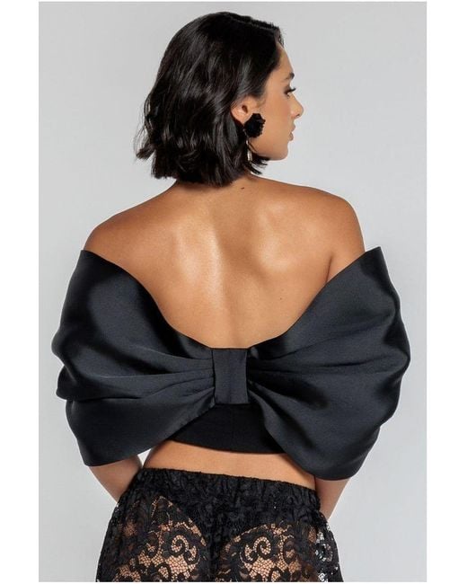 Goddiva Black Off Shoulder Back Satin Bow Scuba Corset