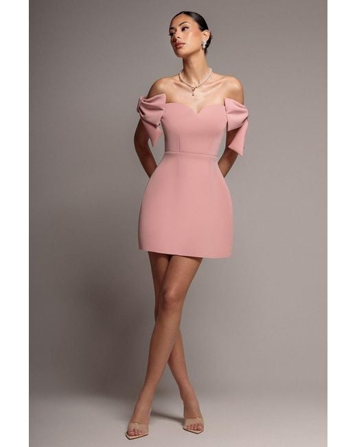 Goddiva Gray Bardot Plunge Neck Bow Sleeve Skater Mini Dress