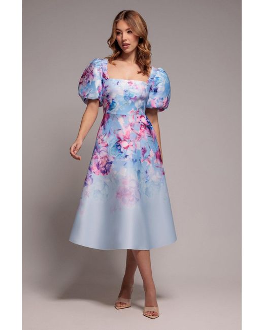 Goddiva Blue Printed Scuba Square Neck Puff Sleeve Midi Dress