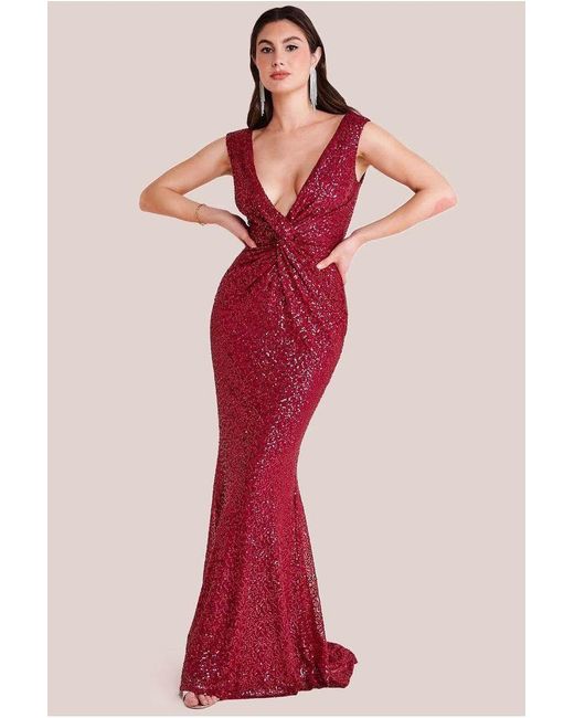 Goddiva Red Twisted Front Sequin Maxi