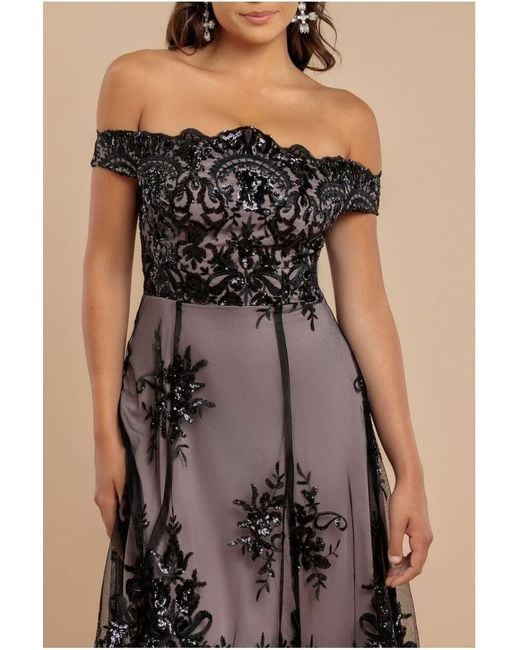 Goddiva Natural Bardot Sequin & Lace High Low Midi