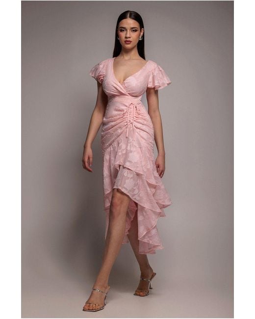 Goddiva Pink Jacquard Chiffon Wrap High Low Midaxi Dress