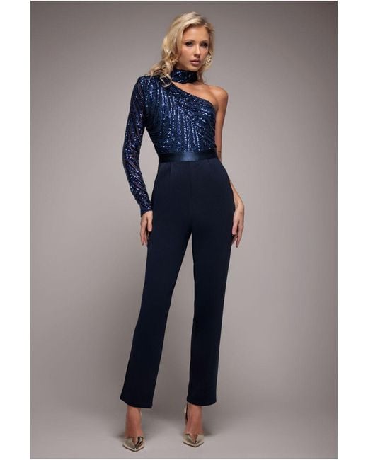 Goddiva Blue One Shoulder Sequin Jumpsuit