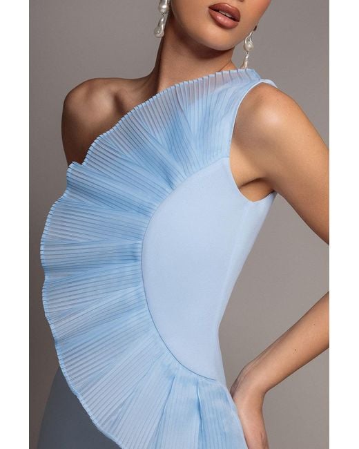 Goddiva Gray One Shoulder Pleated Fan Midi Dress