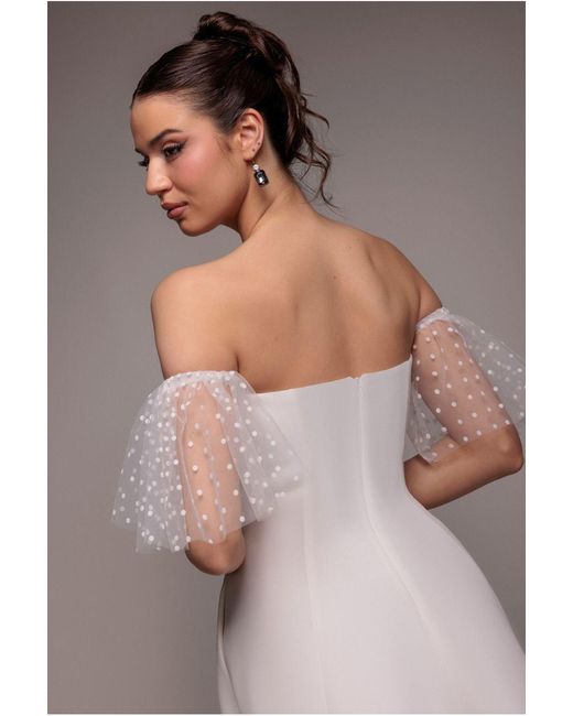 Goddiva White Scuba & Polka Mesh Off The Shoulder Midi Dress