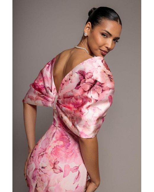 Goddiva Pink Printed Off Shoulder Satin Bow Back Maxi Dress