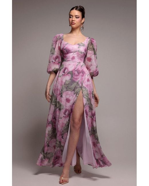 Goddiva Pink Puff Sleeve A-Line Printed Chiffon Maxi Dress With Split