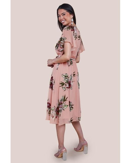 Goddiva Pink Floral Printed Flutter Sleeve Chiffon Midi Dress