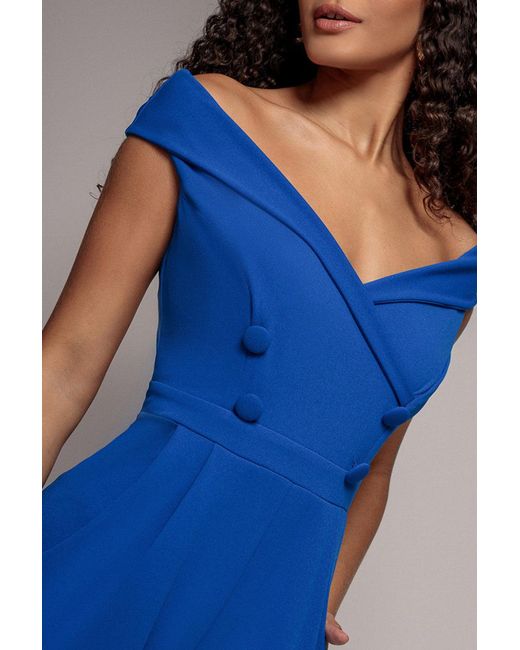 Goddiva Blue Bardot Wrap Sweetheart Neck Romper