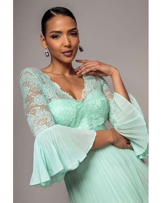 Goddiva Green Scalloped Lace Bodice Pleated Chiffon A Line Maxi Dress