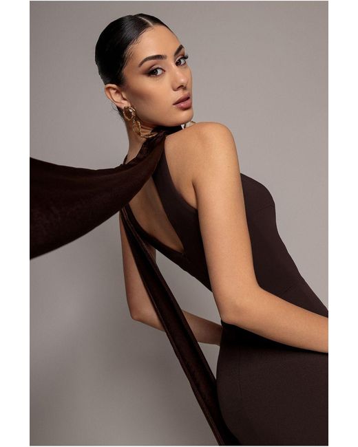 Goddiva Brown Scuba & Soft Satin Halterneck Midi Dress With Back Sash