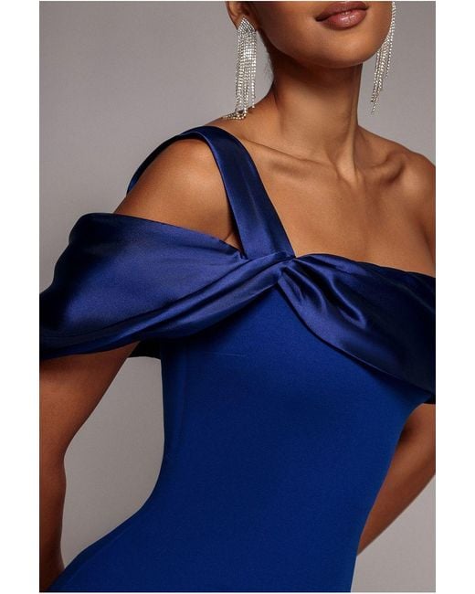 Goddiva Blue Satin Twist One Shoulder Maxi Dress